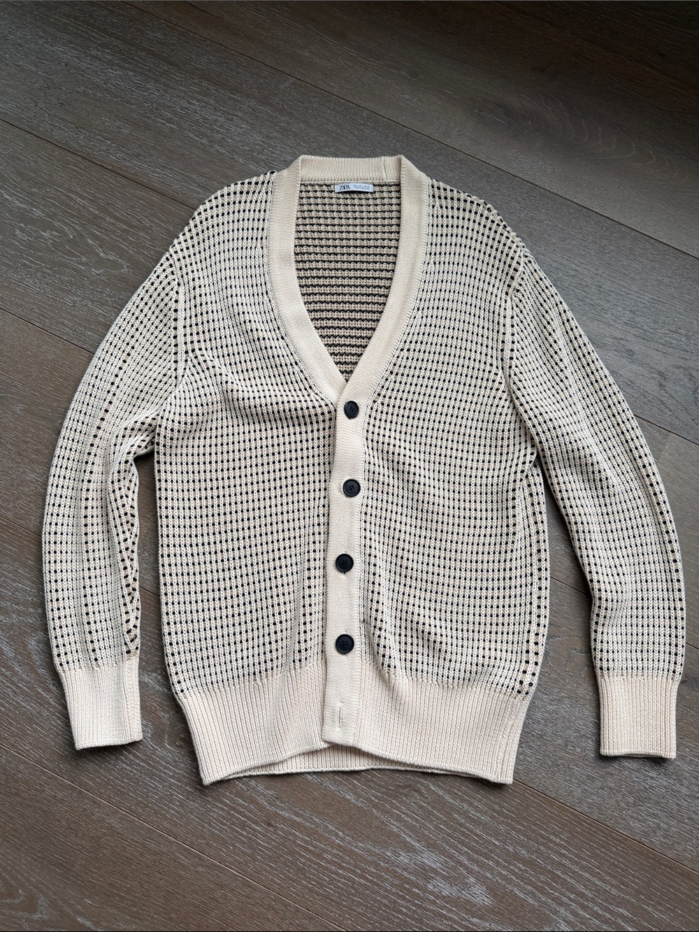 Zara Cream Open-Knit Button Cardigan